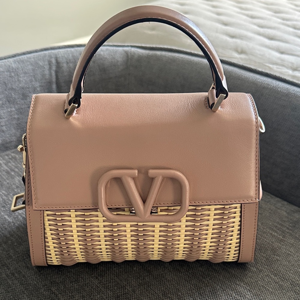 Valentino Garavani VSling Blush Pink Leather & Natural Woven Top-Handle Satchel